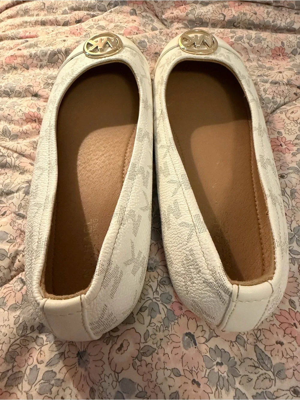 Michael Kors White Logo Ballet Flats with Gold MK Medallion